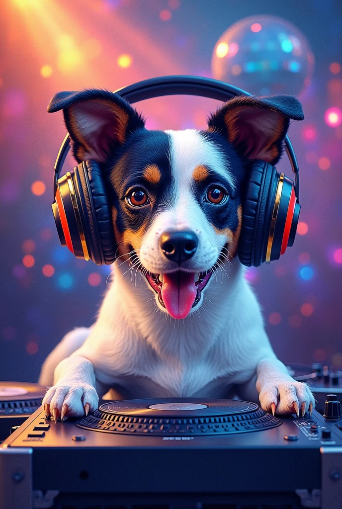 A dog wearing headphones、smile、Jack Russell Terrier、Black markings on white fur、Watercolor、high resolution、masterpiece、A large stereo deck、Mirror ball、Colorful lighting、