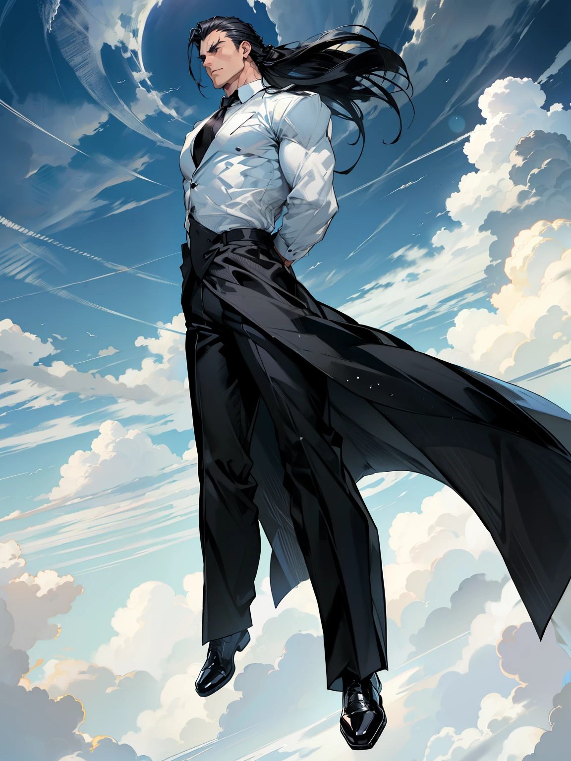 boys 26 Years old, Serious face, muscular, slick back long hair, wearing ((black long suits, white shirts, black ties, black pants)), high cut boots, ((hands behind back)), levitate in the air, cloud, blue sky 