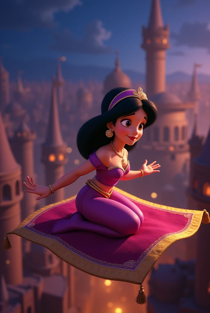 The magic carpet in Aladdin. Close-up. It takes Aladdin and Jasmine, who live in poverty in the desert kingdom of Agrabah, on a flight through the city of Agrabah. While secretly earning a living, he pines for his late mother and tries to become a man who will one day live up to her shame. By chance, he becomes the master of the lamp nymph Jeannie. The jolly lamp nymph Jeanie serves Aladdin, who becomes her master and tries to fulfil his ‘three wishes’. His big eyes should be wide open, reflecting the surreal world of the desert kingdom of Agrabah. Genie, the jolly lamp fairy, Aladdin and the Wizard. The lighting is soft yet dramatic, the suitors just as pretentious, but affectionate and craving freedom. Modern women are intelligent and strong, sometimes using their beauty as a weapon. The colour palette is a mix of soft pastels and dark, introspective tones, creating a balance between innocence and her complex thoughts.