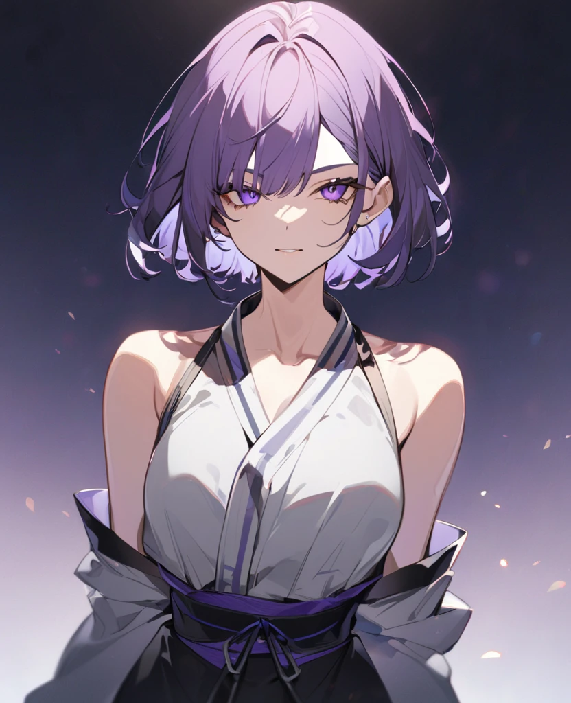 handsome, solo, 1 male,  simple background, sunburn，upper body，wearing Japanese traditional clothing Jinbei，wearing purple Jinbei，handsome, solo, 1 male, simple background, (((black short cut hair)))，sparkling dark purple eyes，Smile，(side parted hair)，arm up