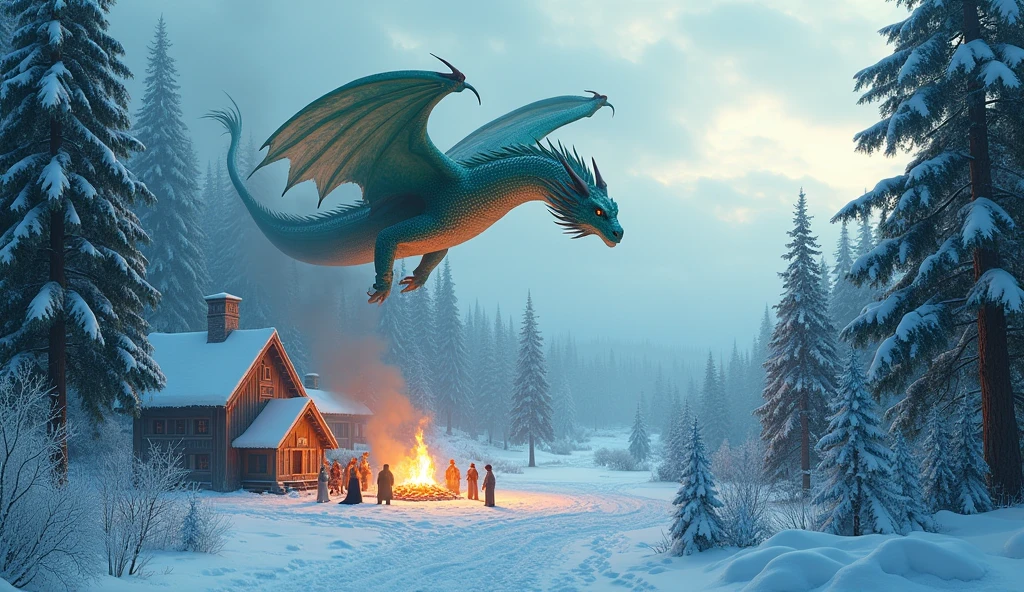 Beautiful art style，dragon，8K,Great scene，The cold northern forest，village，winter，Snow Scene，Heavy snow，bonfire