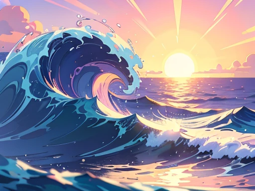 an image of a massive pipeline wave crashing in the ocean, with a deep blue color and foamy white crest, under the soft light of sunrise. The wave should curl over dramatically, with the shades of pink, orange, and purple as the sun is just beginning to rise on the horizon, casting a warm glow over the scene. No people included