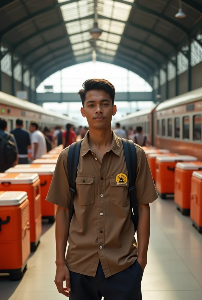 A guy in a brown shirt with the Indonesian railway logo,surrounded by many large orange coolers ,at a train station