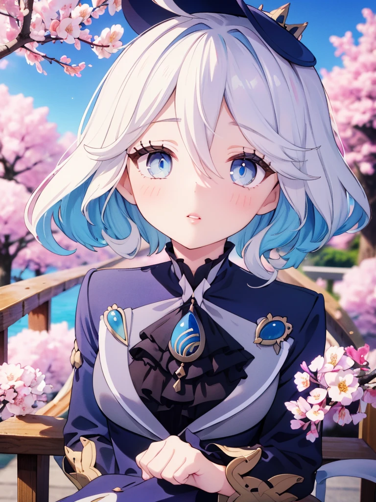 a girl standing on a bridge, detailed beautiful eyes, detailed beautiful lips, extremely detailed face, long eyelashes, beautiful young woman, elegant dress, graceful pose, cherry blossom trees, mount fuji in the background, vibrant colors, soft lighting, detailed 3D render, cinematic composition, (best quality,4k,8k,highres,masterpiece:1.2),ultra-detailed.