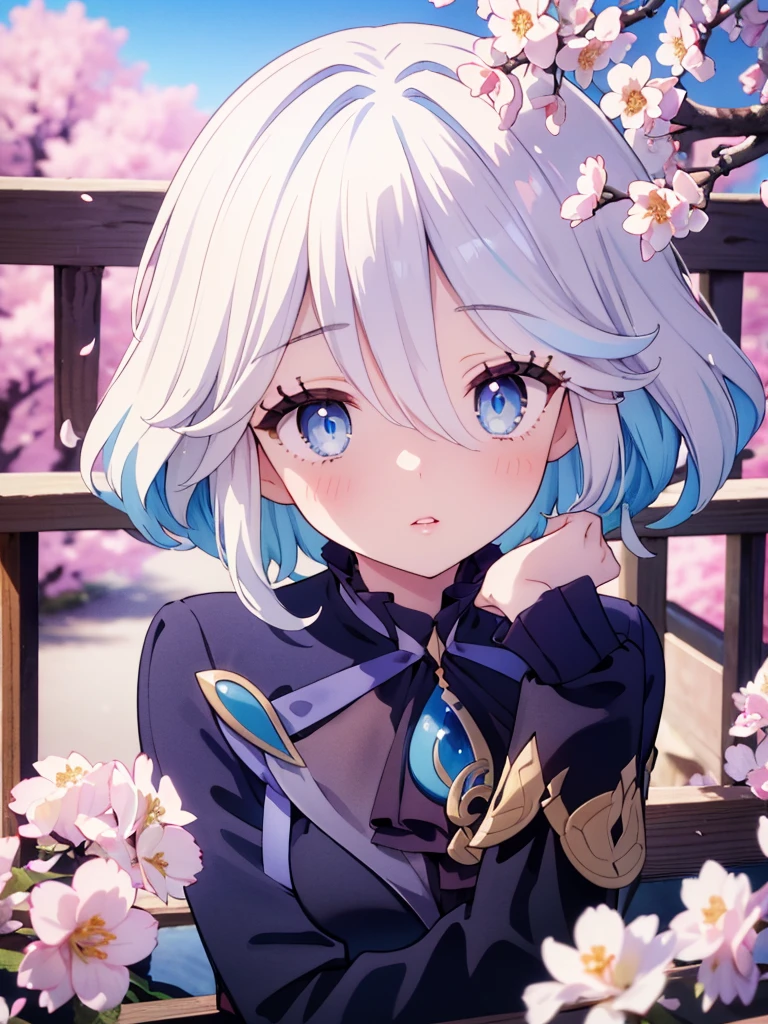 a girl standing on a bridge, detailed beautiful eyes, detailed beautiful lips, extremely detailed face, long eyelashes, beautiful young woman, elegant dress, graceful pose, cherry blossom trees, mount fuji in the background, vibrant colors, soft lighting, detailed 3D render, cinematic composition, (best quality,4k,8k,highres,masterpiece:1.2),ultra-detailed.