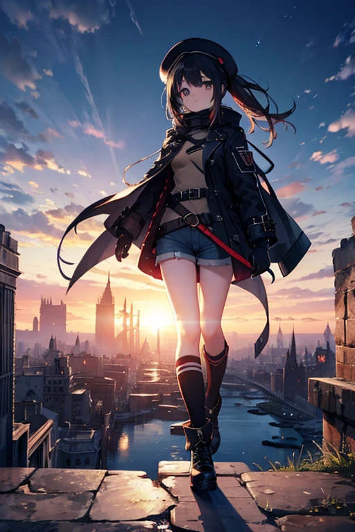 best quality,Ruined city,submerged city,girl,15 year old,black hair,middle hair,pony tail,amber eyes,medium breasts,duffel coat,short shorts, kneehighs, platform boots,beret,gloves, full body,looking away, from above, twilight sky,apocalypse