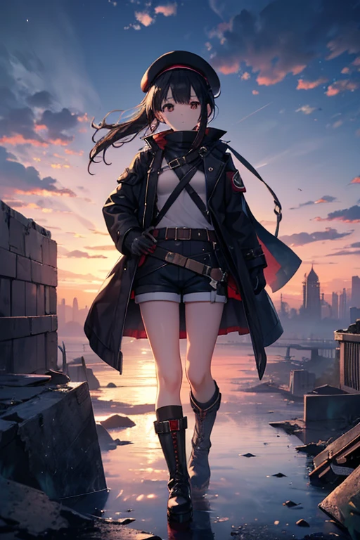best quality,Ruined city,submerged city,girl,15 year old,black hair,middle hair,pony tail,amber eyes,medium breasts,duffel coat,short shorts, kneehighs, platform boots,beret,gloves, full body,looking away, from above, twilight sky,apocalypse