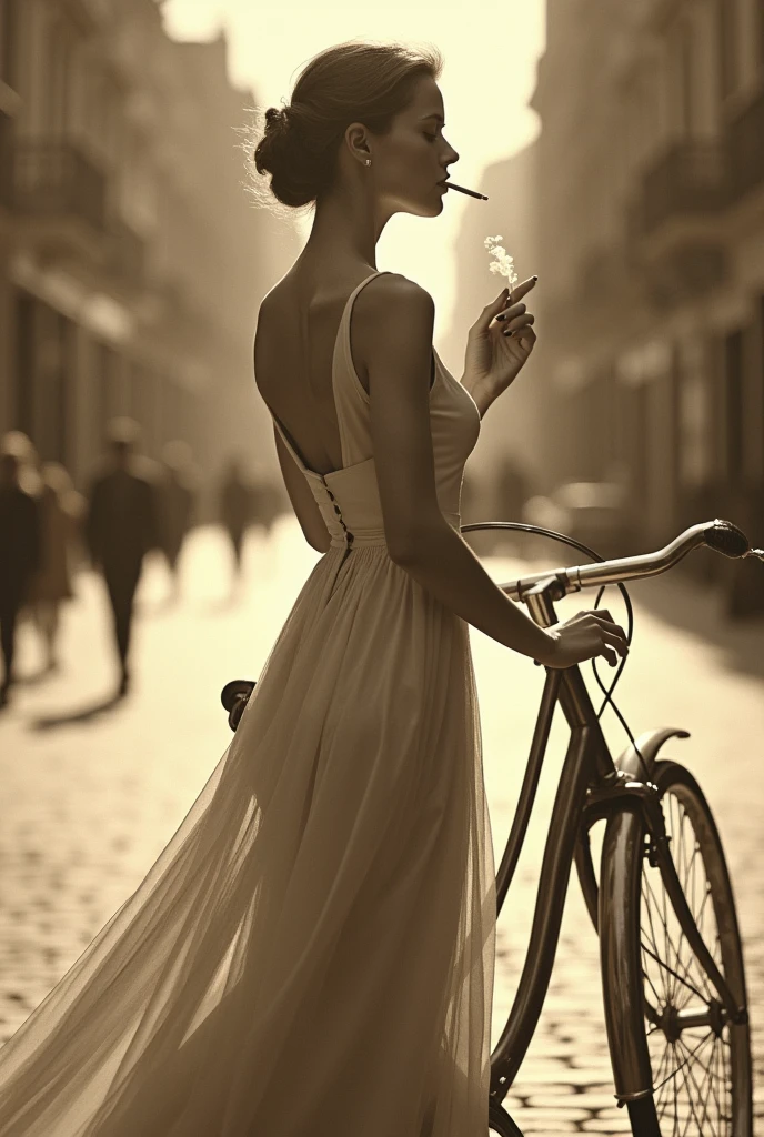 "A woman posing elegantly in front of a classic bicycle. The parasol is hung from the handlebars of the bicycle, Adding a vintage touch. The woman holds a cigarette between the fingers of one hand, while her expression is relaxed yet sophisticated. The scene is tinted in sepia tones, with an old filter that evokes a nostalgic aesthetic, like a photograph from the past. The background is simple, without distracting from the figure and the bicycle, highlighting the atmosphere of a bygone era