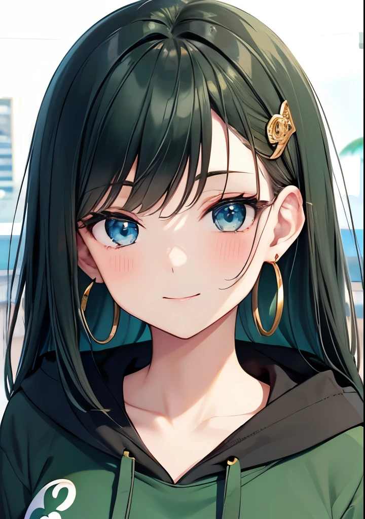 Voluminous dark green hair, front view, upper body visible, dark dark green hair colour emphasis, long straight hair, large droopy eyes, blue eyes, kind young pretty face, kind droopy eyes, wearing green hoodie, hoodie pattern is numbers, sign in background with GO and 5 written on it, shy, smiling without opening her mouth, gold earrings in the shape of the number 5, gold hair clip, sparkling eyes, walking on beach, focus on face, fresh smile, green floral patterned hoodie, in dark room, high quality, gold number 5 earrings, droopy eyes, blue eyes, close-up of face, Small breasts, Both hands, Shadowless background, High quality, Focus on the face.