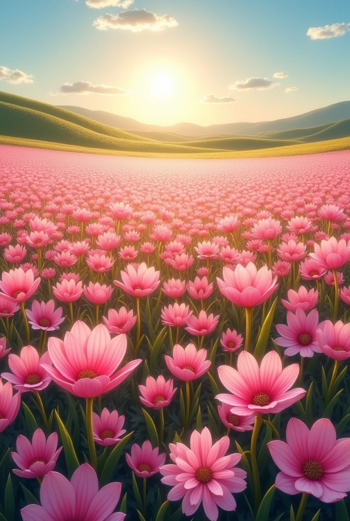 A field of pink flowers spreads out, bathed in sunlight. Nature, beautiful in every detail, with realistic flowers.