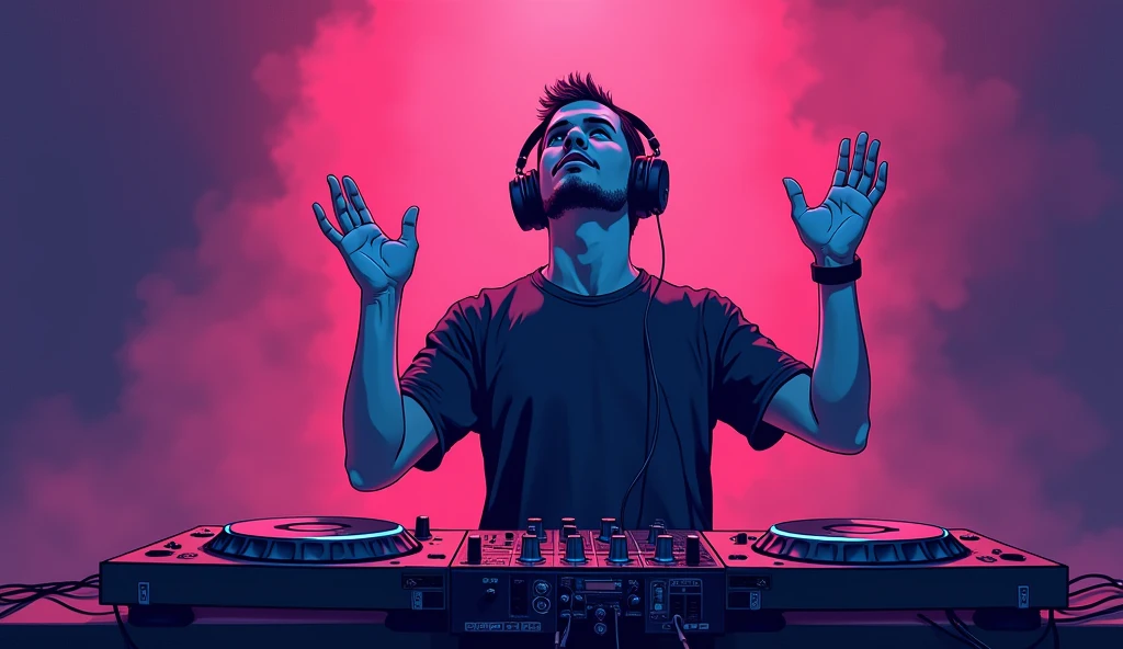 a DJ with headphones on, looking up and with his hands up, behind a mixing desk, edm music, illustration, artistic