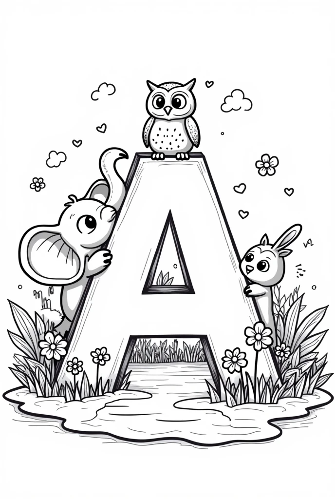 with letter A, three animals, for coloring, e inclusive uma letra A for coloring