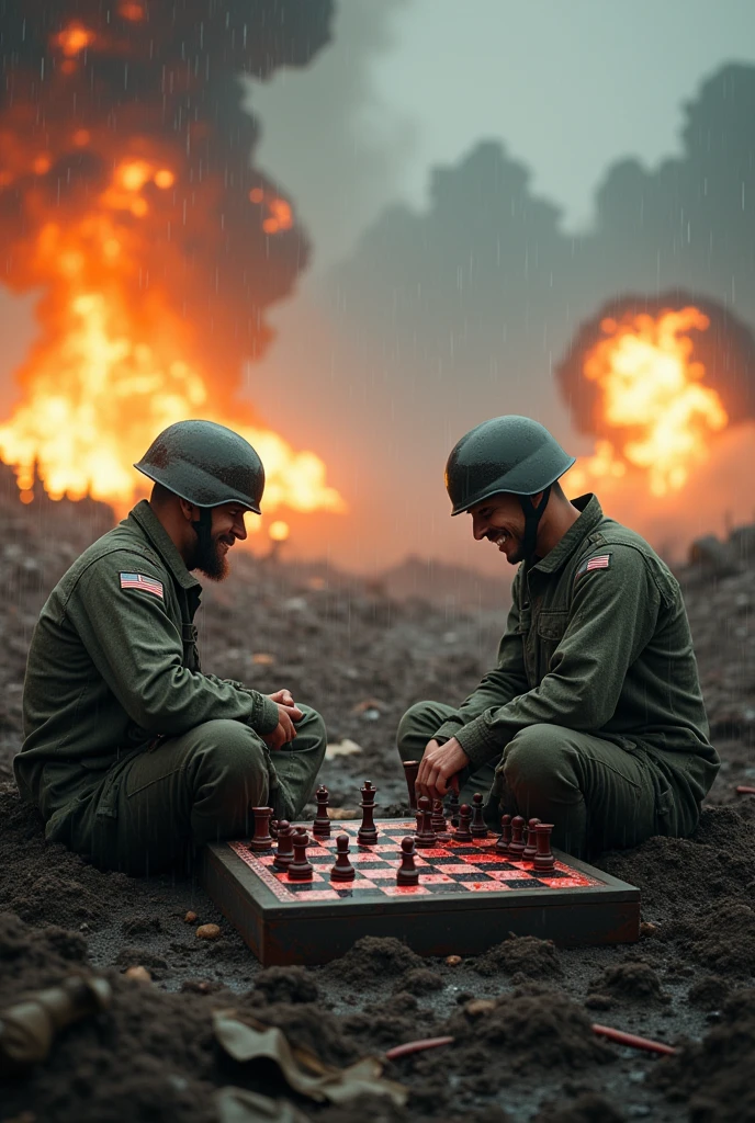 Two soldiers in the middle of a war playing chess ,with a bombed board shot full of blood, and around them many people fighting and shooting and explosions around them while it rains,In the image you can see the bullets in slow motion when they impact and you can see the explosions around them in slow motion, And they play calmly and in Santa Paz concentrated as if there was nothing around them smiling
