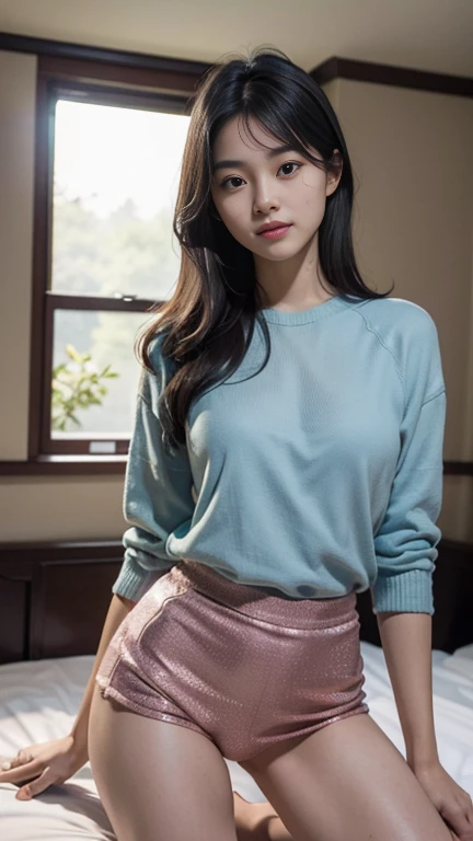 8K,best quality, masterpiece, three-dimensional sense,Realism,female university student,Raised sexy,looking at the audience,Chinese face,Exquisite facial features, short black hair,messy hair,Smile, Face turned red, Fair and rosy skin,beautiful legendary heights,Have a good figure,,No pants medium ,Sweat,The whole person knelt on the bed,in bedroom,background is real,Visible all over the body,frontal shot,SLR shooting,look at the audience