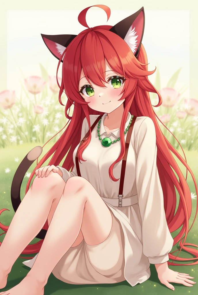 Girl with red hair, green eyes, sitting with legs open, very big breasts, blushing, with cat ears, strap on your neck, let her vagina be seen