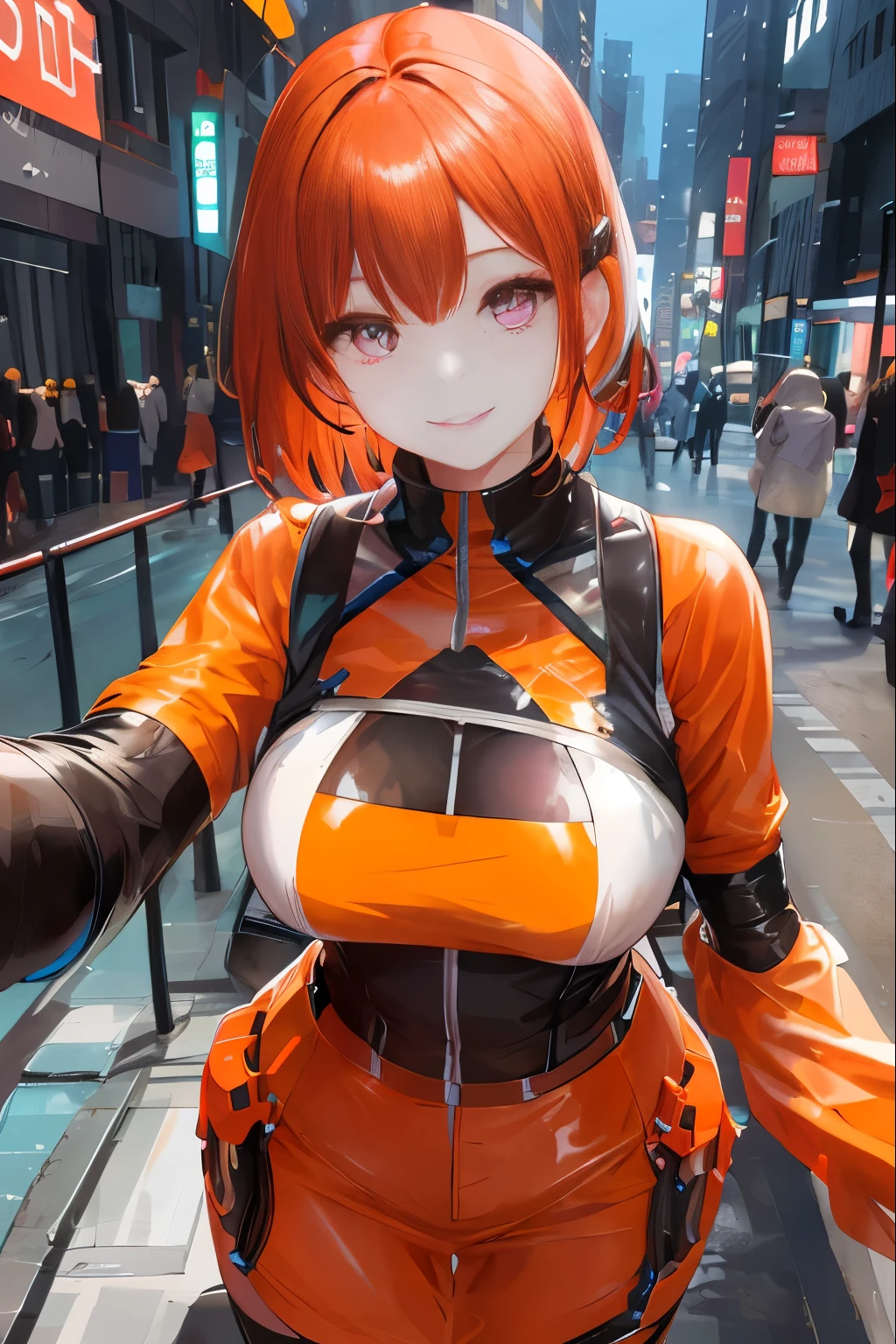 A cybernetic arm and a glowing cyber girl,(See-through costume:1.3, )Standing amidst the post-apocalyptic cityscape.Surrounded by a network of wires. surrounded by circuits. (Cyber Girl with a glowing orange sword:1.3), Shiny light brown and orange striped short hair,Cute Smile,Perfect round face,A bright smile that makes everyone happy,Proper body balance,Tabletop,Ultra-high quality output images,High resolution,Intricate details,Very delicate and beautiful hair,Photo Real,dream-like,Professional Lighting,Realistic Shadows,Focus Only,Beautiful Hands,Beautiful fingers,Detailed characteristics of the fingers,Detailed clothing features,Detailed hair features,Detailed facial features,