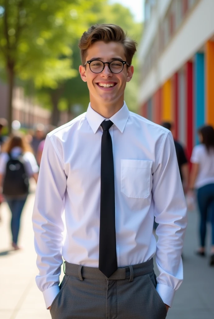 American teenage male student wearing a white long sleeved shirt with a chest pocket of the same color, hands at the sides, black tie, Gray pants, and black strap, standing in a schoolyard in hd, looking with a big smile, in an American shot