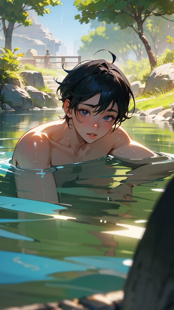 a young boy swimming in a rural river, wearing fundoshi, detailed portrait,beautiful detailed eyes,beautiful detailed lips,extremely detailed eyes and face,longeyelashes,natural environment,scenic landscape,realistic,photorealistic,photo-realistic:1.37,4k,8k,highres,masterpiece:1.2,ultra-detailed,vivid colors,studio lighting,physically-based rendering,professional