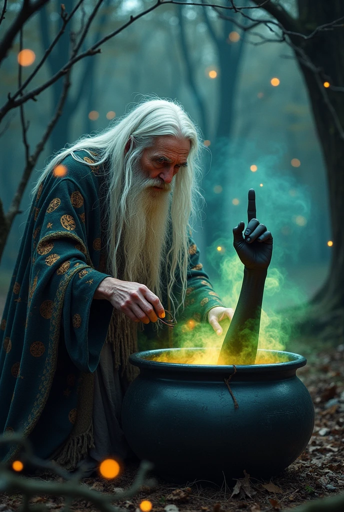 old witch stirring the cauldron, in the cauldron place a black arm showing the middle finger