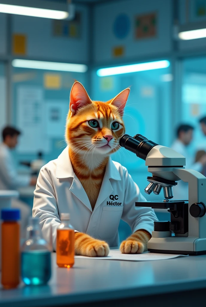 Orange male cat wearing a lab coat that says "QC Héctor" processing samples in the clinical laboratory