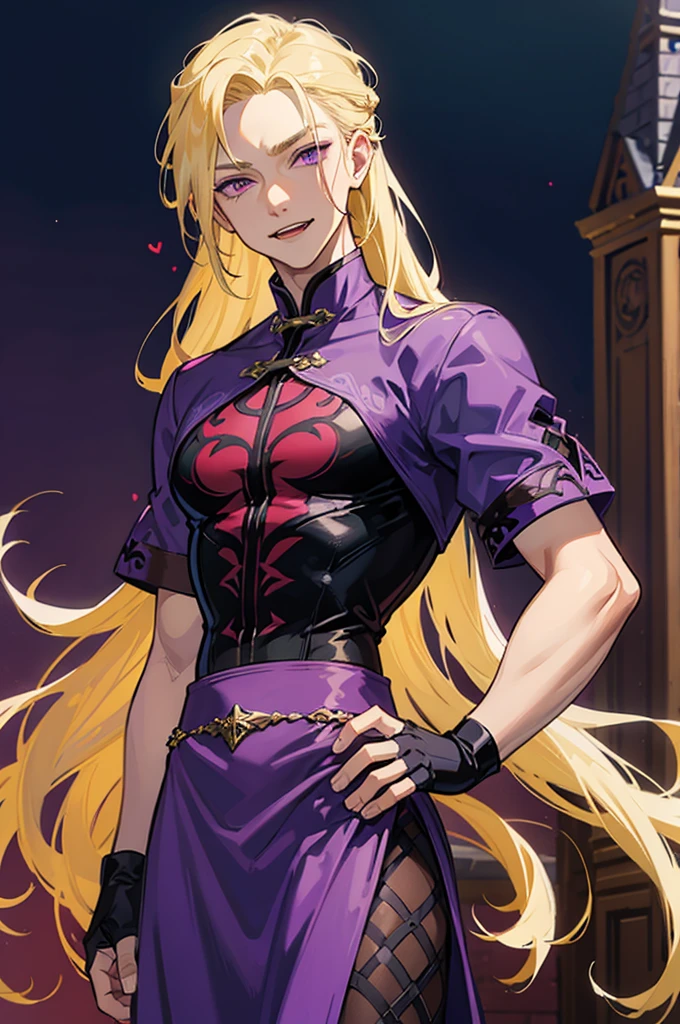 man, male, blonde hair, long hair, purple eyes, fangs, fantasy wear, vampire,