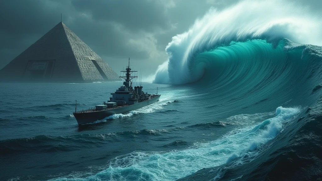 verhead angle shot, from God's perspective, a large tsunami rolls up on the right side of the screen. In the middle of the screen, the warship drifts forward with the undulating waves. On the left side of the screen, a huge alien mothership base stands on the sea, shaped like a giant trapezoidal ore structure, high civilization physical structure, ancient civilization relics, and delicate metal ore texture. In the background is the shrouded landscape of a hurricane storm. Silent ocean, minimalist artistic composition style, meticulous detail characterization, realistic professional photography, delicate texture of Leica lens, high-tech structural aesthetics, Dune movie style.