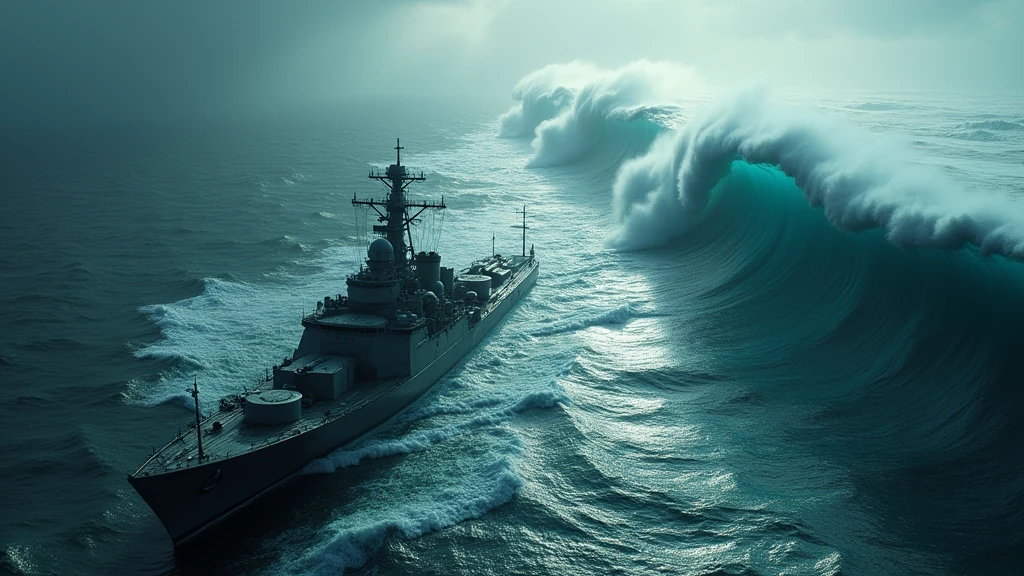 verhead angle shot, from God's perspective, a large tsunami rolls up on the right side of the screen. In the middle of the screen, the warship drifts forward with the undulating waves. On the left side of the screen, a huge alien mothership base stands on the sea, shaped like a giant trapezoidal ore structure, high civilization physical structure, ancient civilization relics, and delicate metal ore texture. In the background is the shrouded landscape of a hurricane storm. Silent ocean, minimalist artistic composition style, meticulous detail characterization, realistic professional photography, delicate texture of Leica lens, high-tech structural aesthetics, Dune movie style.
