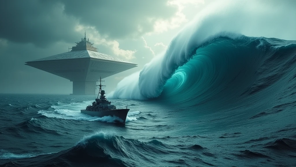 verhead angle shot, from God's perspective, a large tsunami rolls up on the right side of the screen. In the middle of the screen, the warship drifts forward with the undulating waves. On the left side of the screen, a huge alien mothership base stands on the sea, shaped like a giant trapezoidal ore structure, high civilization physical structure, ancient civilization relics, and delicate metal ore texture. In the background is the shrouded landscape of a hurricane storm. Silent ocean, minimalist artistic composition style, meticulous detail characterization, realistic professional photography, delicate texture of Leica lens, high-tech structural aesthetics, Dune movie style.