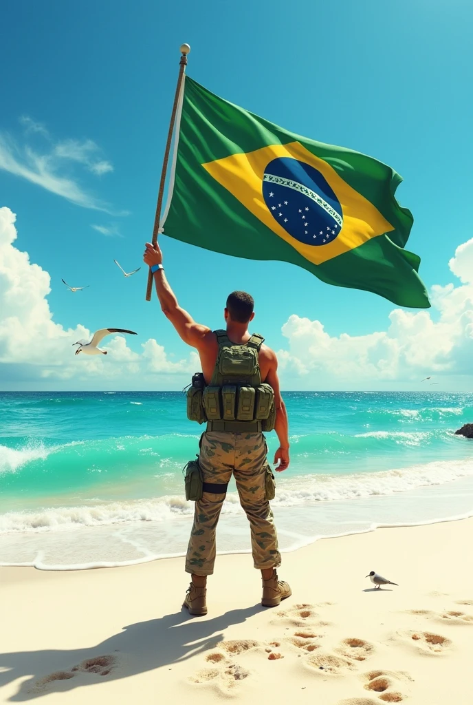 Soldier standing with a Brazilian flag on a beach