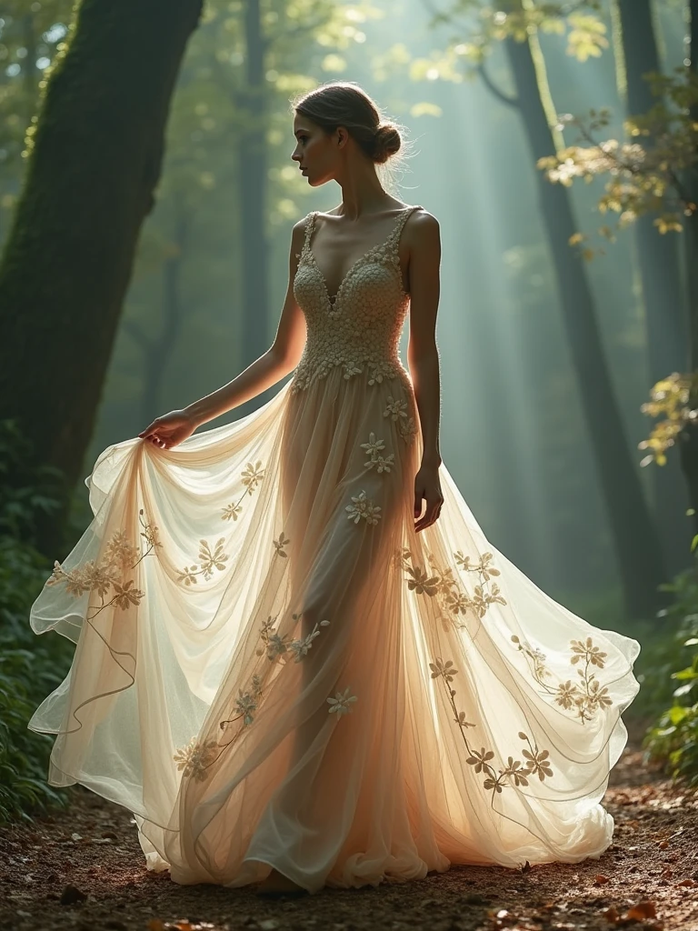 A graceful woman draped in an exquisite Iris van Herpen dress, featuring a delicate interplay of translucent fabrics and intricate,nature-inspired patterns. The dress flows like liquid silk, with layers that ripple and shimmer with every movement. Captured in a high-fashion editorial style, the lighting creates a luminous effect, accentuating the ethereal quality and the meticulous craftsmanship of the design. The woman’s serene expression and elegant posture enhance the enchanting and dreamlike nature of the van Herpen creation, evoking a sense of otherworldly beauty and sophistication.