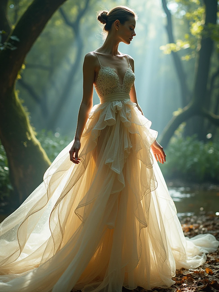A graceful woman draped in an exquisite Iris van Herpen dress, featuring a delicate interplay of translucent fabrics and intricate,nature-inspired patterns. The dress flows like liquid silk, with layers that ripple and shimmer with every movement. Captured in a high-fashion editorial style, the lighting creates a luminous effect, accentuating the ethereal quality and the meticulous craftsmanship of the design. The woman’s serene expression and elegant posture enhance the enchanting and dreamlike nature of the van Herpen creation, evoking a sense of otherworldly beauty and sophistication.
