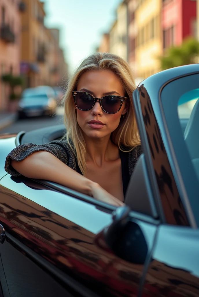 Beautiful 24 year old blonde girl with blue eyes and big breasts sits in her Porsche Carrera GT dressed elegantly and sunglasses
extremely detailed, realistic, photorealistic, high quality, 4k, 8k, masterpiece, ultra detailed, vivid colors, HDR, studio lighting, sharp focus, physical representation, professional portrait