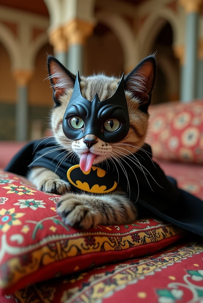 Make me a cat(animal) Moorish style, lying down, with the Batman costume and mask, and with your tongue out