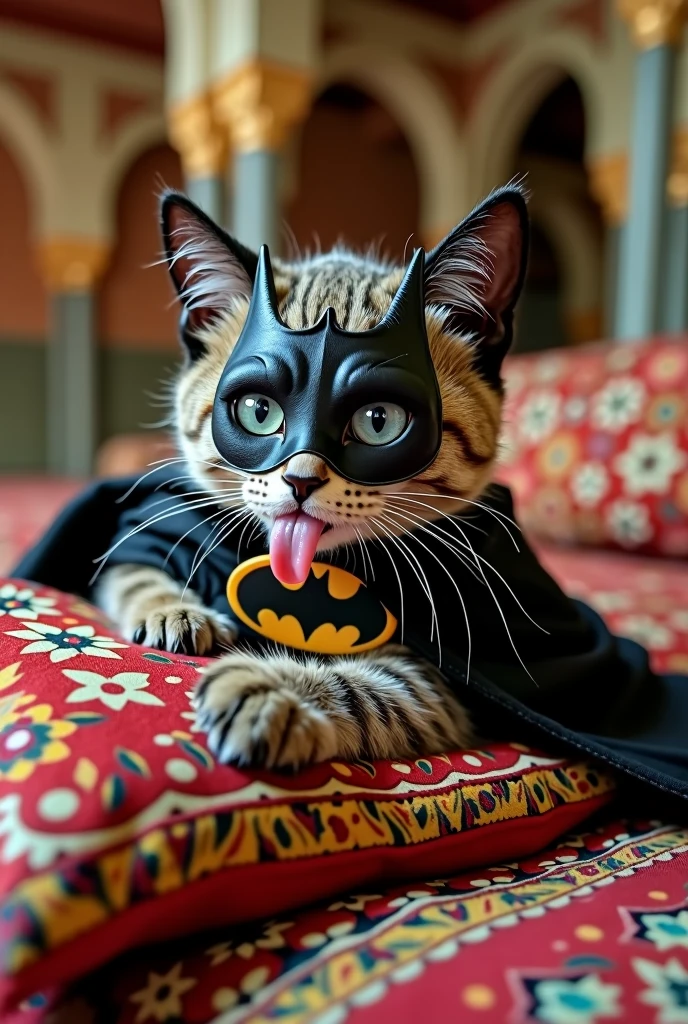 Make me a cat(animal) Moorish style, lying down, with the Batman costume and mask, and with your tongue out