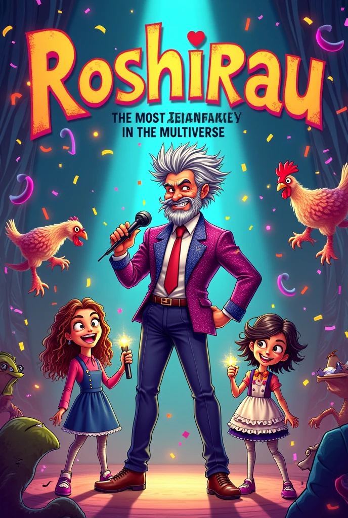"A lively and chaotic scene featuring the Roshirau family on the cover of a comedy fantasy book. The central figure is Elaino, a tall man with wild gray hair and a brightly colored, sparkling suit, holding a microphone with a mischievous grin. He stands on a stage, surrounded by his children: Belly, a young girl with long curly hair and glowing shoes, and Miguel, a lanky boy with messy hair and large glasses, holding strange gadgets. Around them are Nino and Cristal, two animated rag dolls dressed as a butler and maid. Nino looks annoyed while Cristal shouts at him. In the background, there's a chaotic mix of interdimensional creatures, floating portals, and confetti, with a giant chicken running from a small, bored-looking dinosaur. The scene is set against a backdrop of a bizarre, colorful mansion with swirling patterns and glowing lights, with an otherworldly, neon-jelly alien named Zog floating in the background, laughing. The title 'Roshirau: The Most Insane Family in the Multiverse' is displayed prominently in bold, quirky fonts at the top."