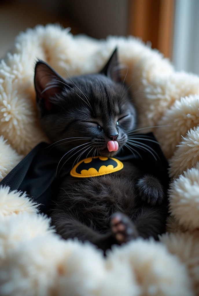 Make me a baby cat (animal) Lying with his tongue sticking out, wearing a Batman costume, in a room with short fur, sleeping with a Batman mask on, a black cat with its eyes closed, no plush toys.