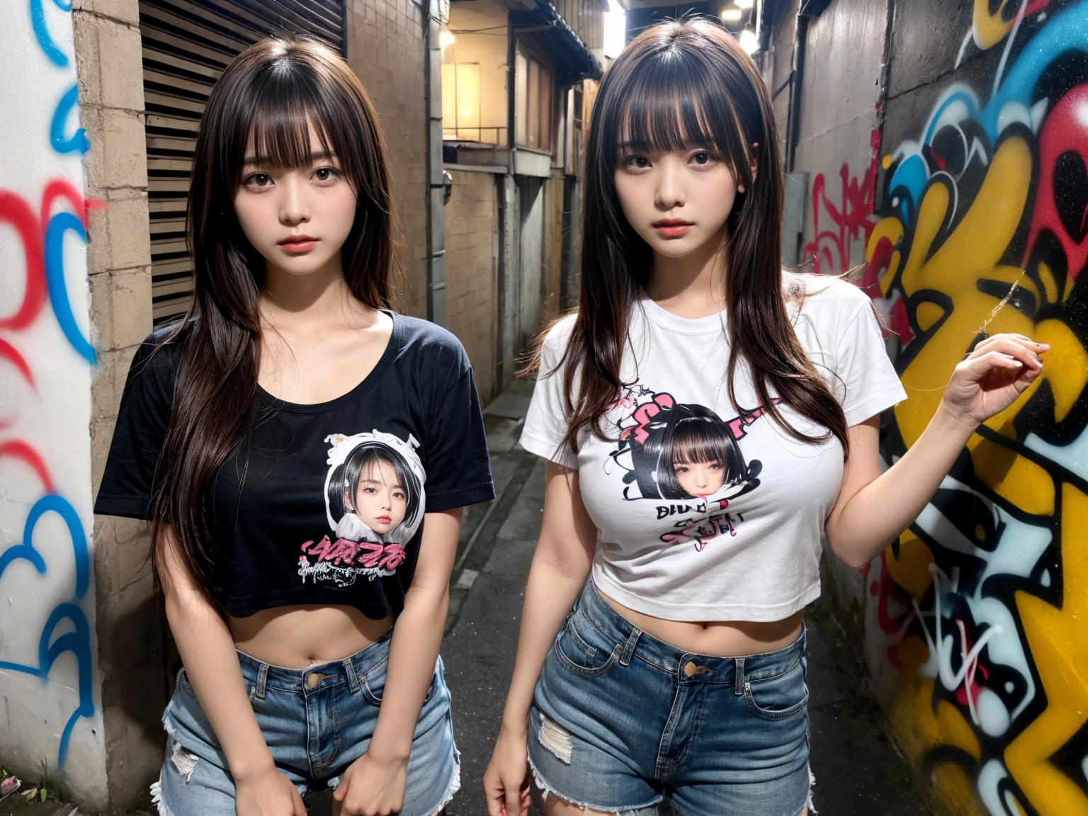masterpiece, best quality, illustration, Super detailed, fine details, High resolution, 8K,wall paper, perfect dynamic composition,(Details High quality, realistic depiction of eyes:1.3),  (2 girls), (Japanese teenage girl standing in a dirty back alley at night, graffitied wall:1.1), (wearing a tattered and dirty t-shirt.:1.1), Wearing baggy pants, dirty body, short bob hair, black hair color, Big Natural Color Lip,  seductive face, provocative look, crying a little、Harajuku style、(graffiti), night time, 20 year old girl、cute type、lolita, Gravure Idol, full body photo、focus on crotch, (huge breasts)