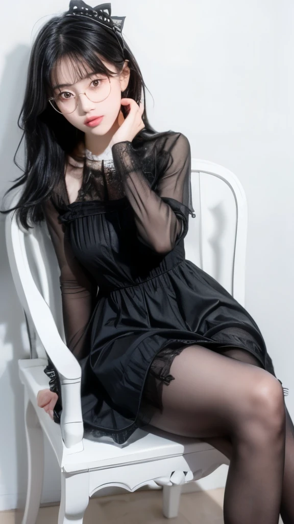 Super cute black hair，Black Lolita dress girl. 8K ultra-high quality, Delicate texture, Pure white background，（Wear black pantyhose），Show long legs，sit on the chair，18-year-old girl，wear glasses