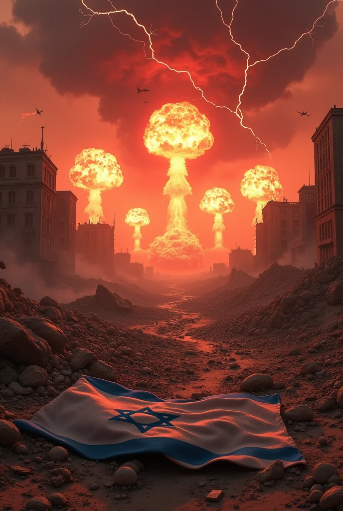 A rain of bombs amidst the sand and rubble, buildings destroyed, and five large atomic bomb explosions.  Lightning flashes across the red sky, and a tattered cloth bearing the image of Israel lies torn on the ground.  Many buildings are damaged, dust is thrown into the air, and bomber planes fly overhead. 