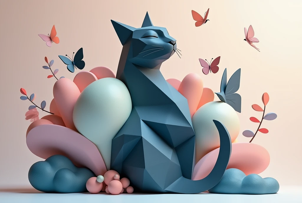 3D render of an abstract composition made of geometric figures in dark pastel tones, forming a cat like figure, abstract aligned clouds and birds and butterflies in light colors in background