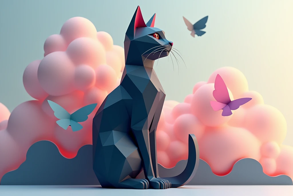 3D render of an abstract composition made of geometric figures in dark pastel tones, forming a cat like figure, abstract aligned clouds and birds and butterflies in light colors in background