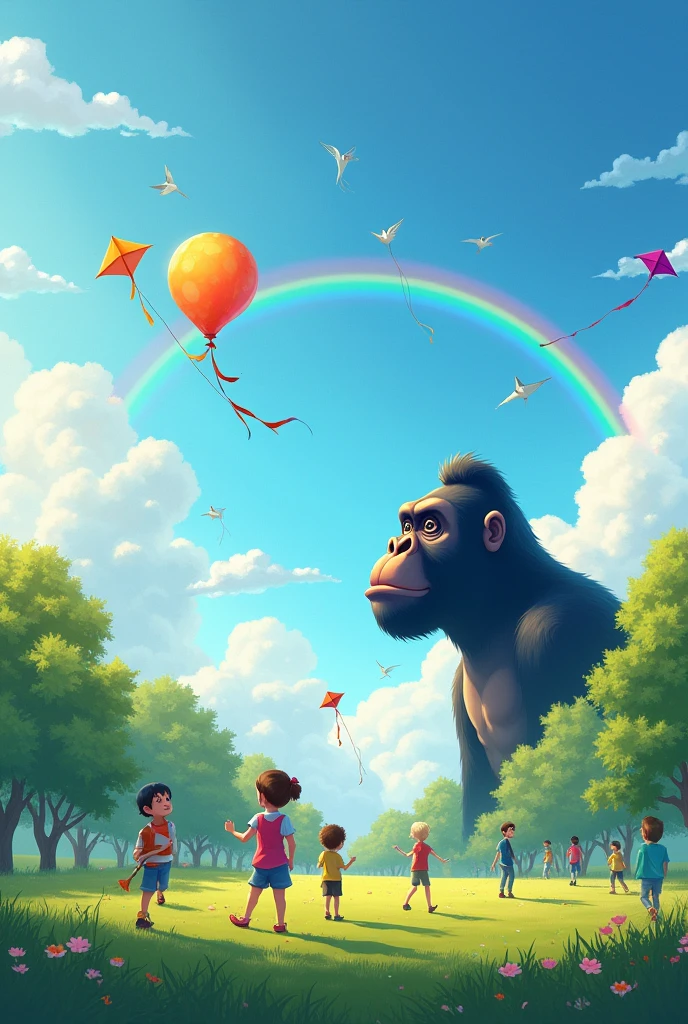Distant view of children flying kites in a park, BLUE SKY, rainbow, TREES, birds flying, In the background of the image, half of a giant gorilla emerges from behind the clouds, holding a balloon shaped like the number 7.