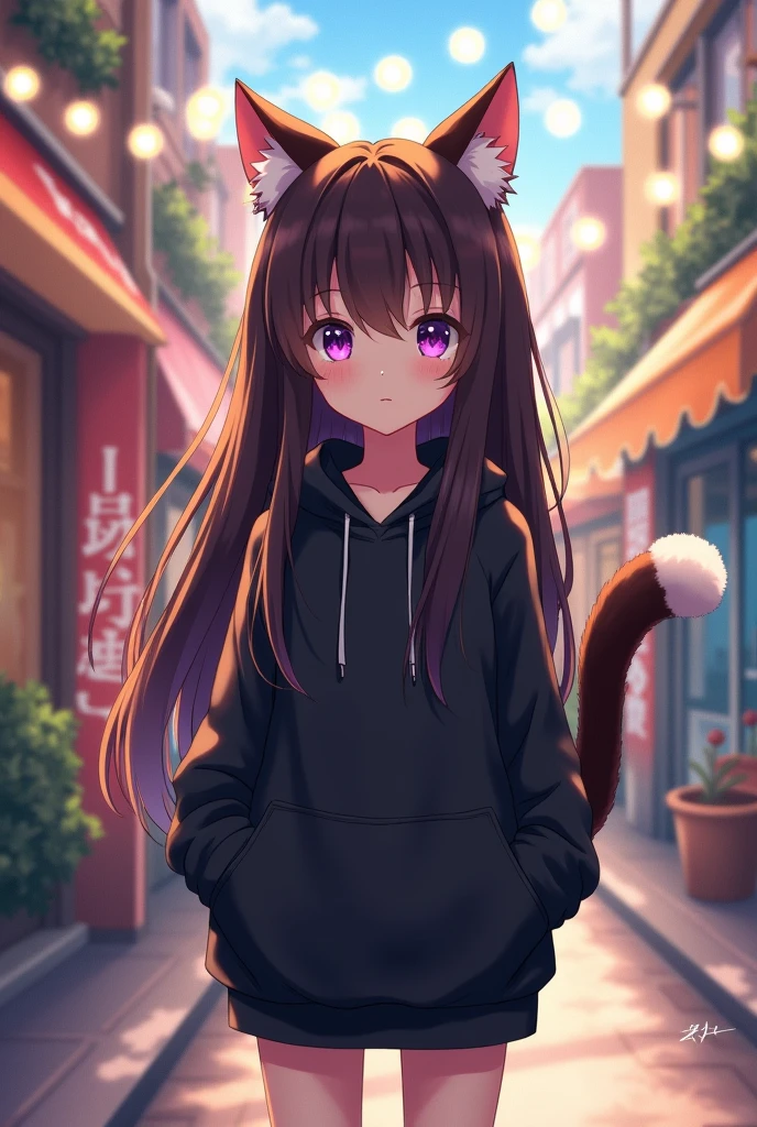 anime, long dark brown hair, neko girl with purple eyes, ager, innocent, wearing a black hoodie, fluffy brown cat tail