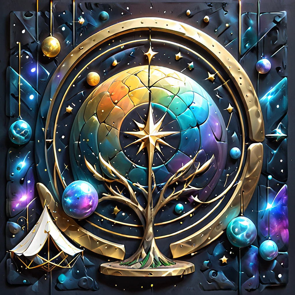 Glamping、symbol、Three-dimensional、Shine、Shine、gold、The background is the universe.クリスタルの枠ぶち