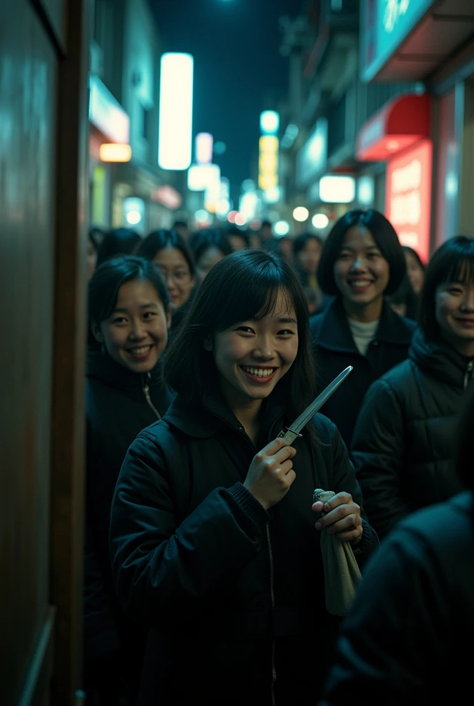 Lots of people, scary, smiles, smiles, lots of smiles, normal people, Japanese, night background, men and women, through the door scope, knife, blunt object