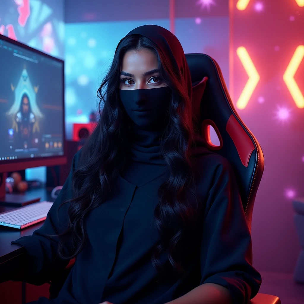 Create a gaming YouTube banner for a streamer girl , name is  "MP HEER GAMING " , a streamer gaming girl picture must be on it , wearing black mask , Muslim burkah loosen dress , sitting on professional gaming chair , open black wavy hairs