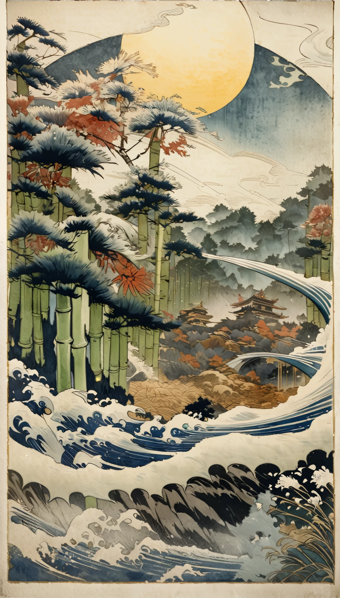 Ukiyo-e, Japanese painting, woodblock painting, watercolor painting, bamboo forest, one bamboo stalk glowing golden, background huge full moon, (ultra detailed, absolutely resolution, best quality:1.3), 2.5D, delicate and dynamic, artistic, hyper, graphic CG digital art