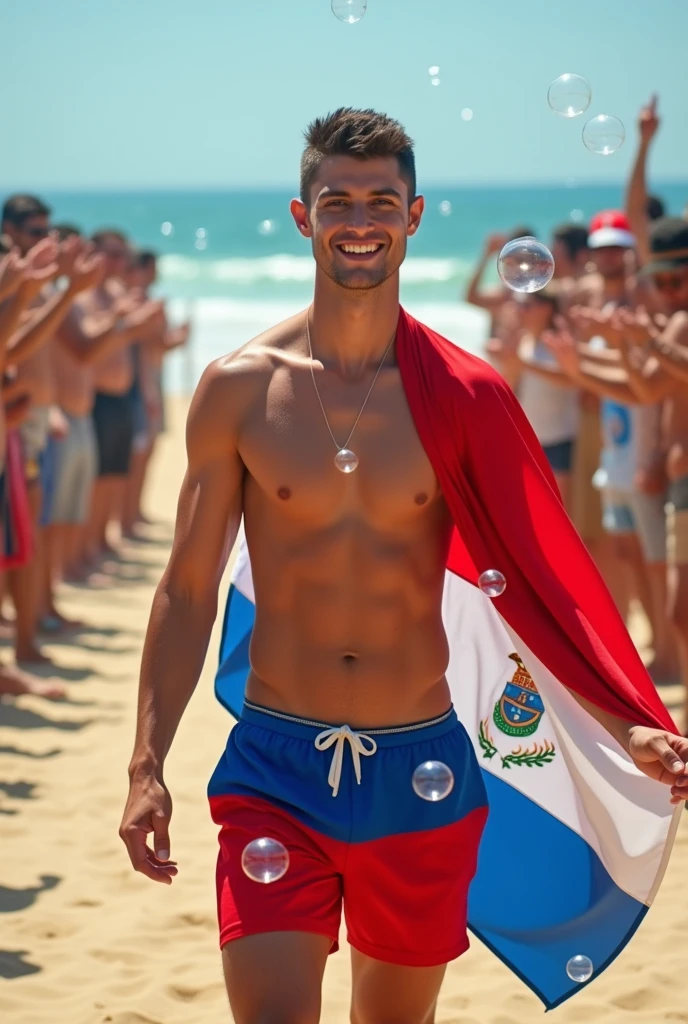 young, beautiful, elegant, white, skinny, elegant shirtless face standing, ,sin remera en la playa boxer Rojo white y azul playera y una bandera Paraguay que lleva mientras muchos publico le aplaude y celebra con muchas burbuja en su alrrededor pasarela masculina hombre guapo piel white