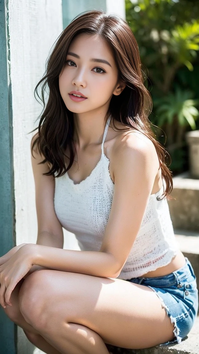 Dark brown hair、Light brown eyes、Japanese actress、I am about 40 years old.....、(My NTR More about my category:1.2)、(top-qual私ty:1.4)、 (Ultra-high resolution:1.2)、Ultra-high resolution、(Private Detective Data)、(Detailed facial features)、Hmph、8K resolut私on、D cup breasts、Long Hair、Obscene pose、Beautiful legs、Please open your mouth a little、Please lift your chin up a little、Openwork knit、Loose knit top、Denim shorts、Outdoor shower、Outdoor showerを浴びる、Water splashes hit the body、Light of the sun、White wall、Water splashes from the shower、２Book legs、２Book Hand、Beautiful legs、Expressions of weakness、Posing with a sense of vulnerability、Shooting from an angle、Water Drop、Wet body、Shower body、Halter neck、