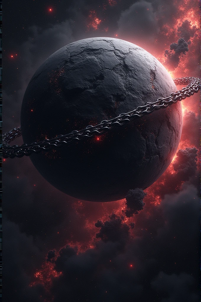 Create a black planet with grey sparkles and red colors with chains around it.
